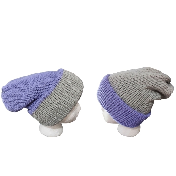 Handcrafted Reversible Knit Hat in Grey & Periwinkle - Picture 3 of 11